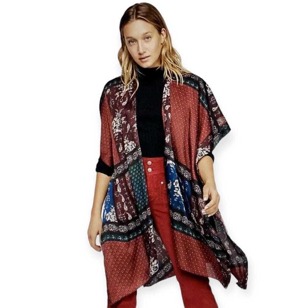Free People Colorful Patchwork Floral Side Split Long Kimono NWT